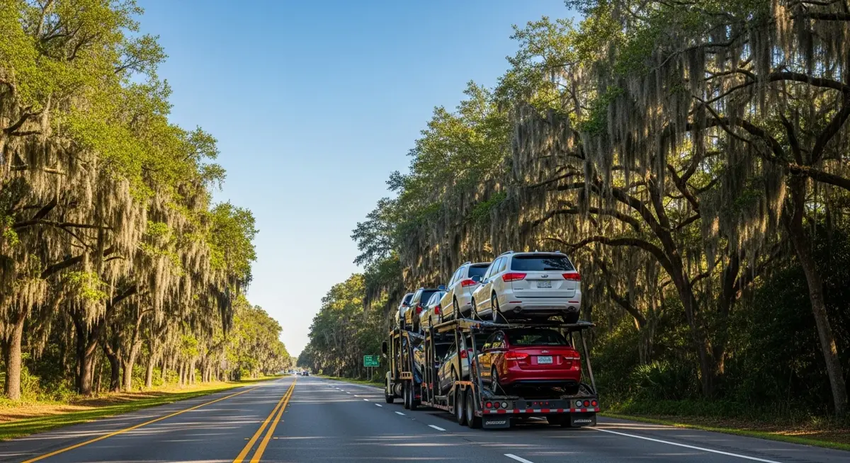 Auto transport car carrier truck driving through South Carolina landscape