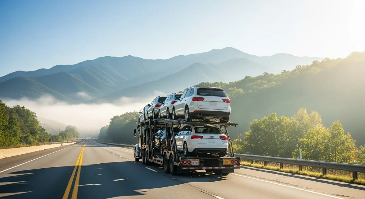 Auto transport car carrier truck driving through Tennessee landscape