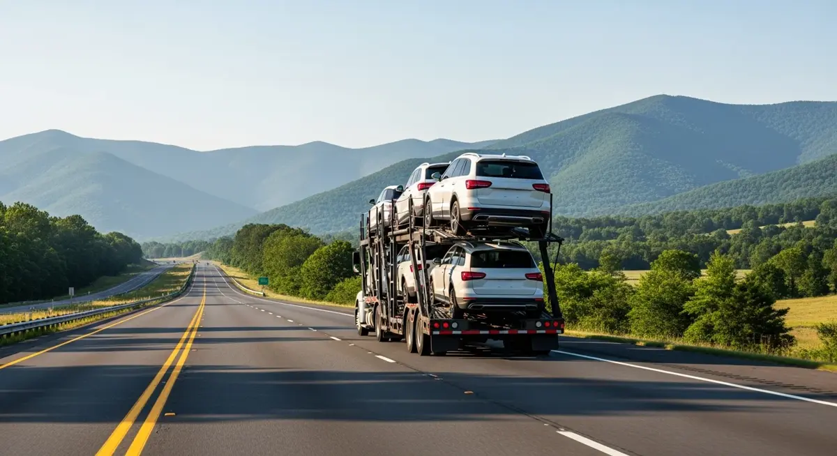 Auto transport car carrier truck driving through Virginia landscape