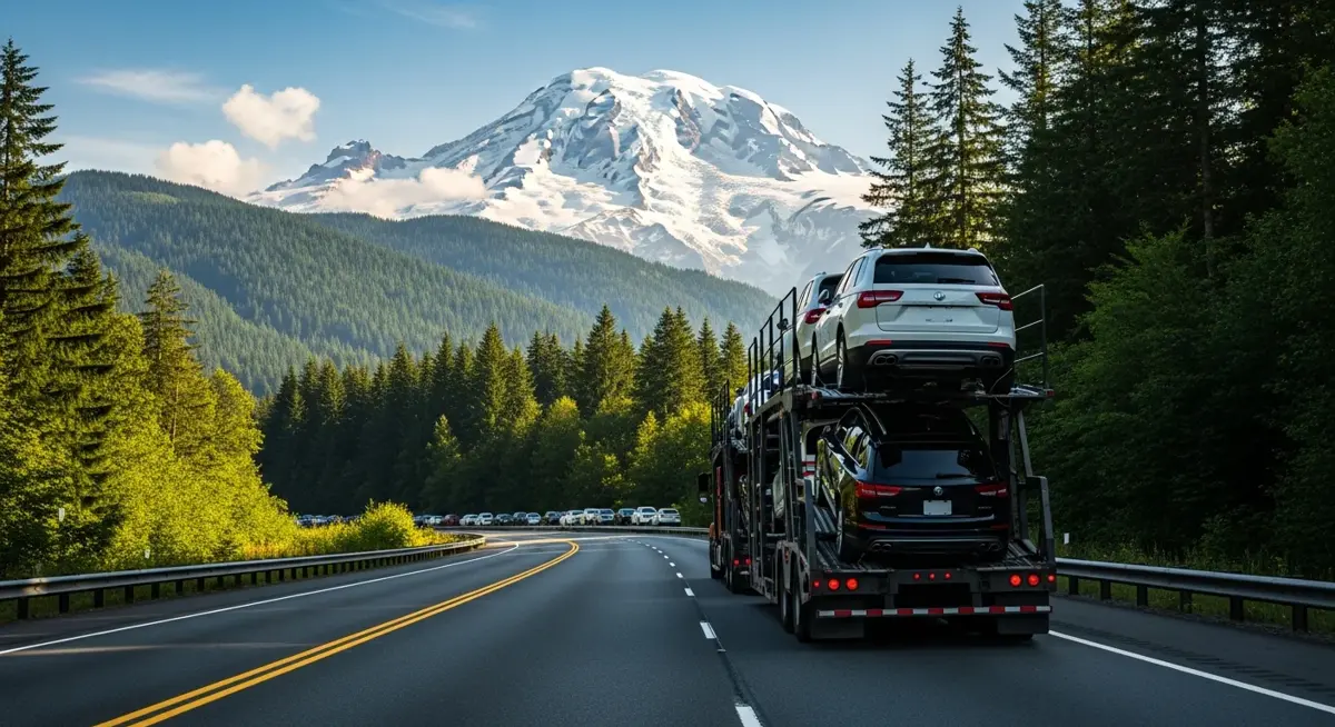 Auto transport car carrier truck driving through Washington landscape