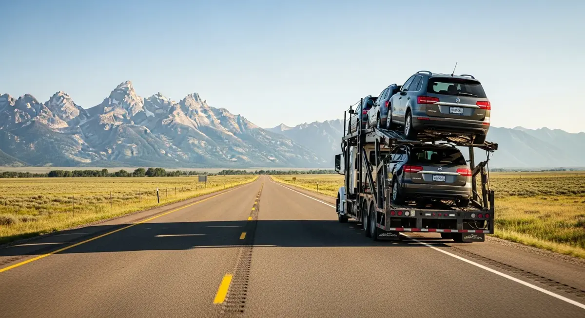 Auto transport car carrier truck driving through Wyoming landscape