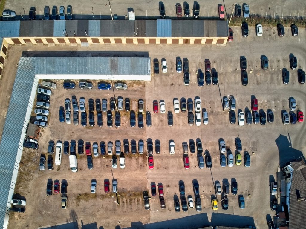 aerial view of car auction lot